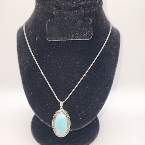 Sterling Silver Necklace With Larimar Q8" Long And Pendant Measures 1.71" - Picture 4 of 5